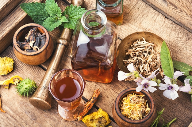 Photo bottles of tincture and healthy herb