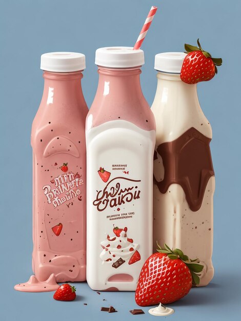 Bottles of vanilla chocolate and strawberry milk