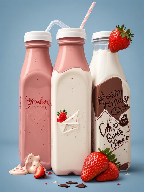 Photo bottles of vanilla chocolate and strawberry milk