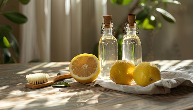 Bottles of vinegar brush lemon and napkin on table