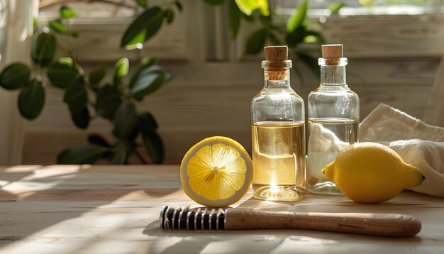 Photo bottles of vinegar brush lemon and napkin on table