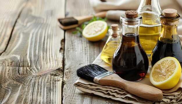 Photo bottles of vinegar brush lemon and napkin on table