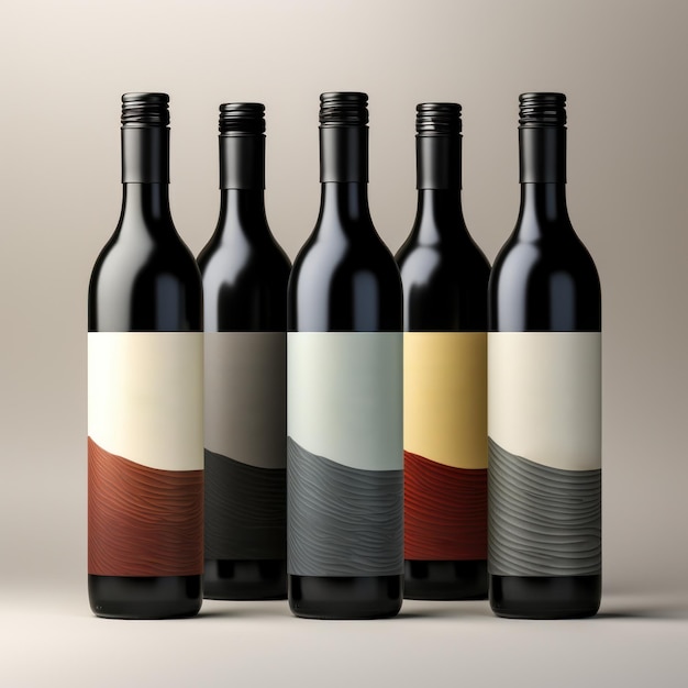 抽象的な背景のワインボトルのモックアップ、架空のラベル デザインに空白のラベルが付いたワインのボトル