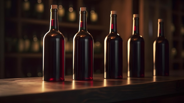 Bottles of wine with corks on a bar.