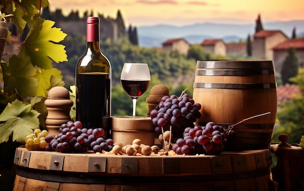 Bottles and Wineglasses with Grapes and Barrel in Rustic Setting