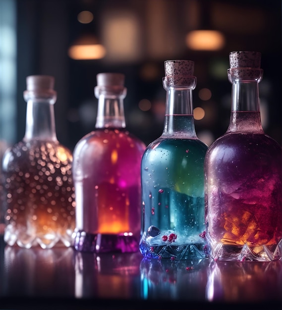 Bottles with alcoholic and nonalcoholic drinks in a cafe or restaurant Generative AI