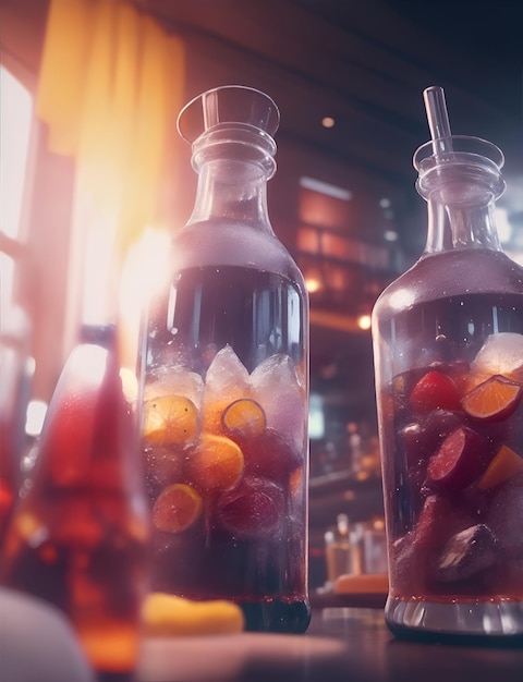 Photo bottles with alcoholic and nonalcoholic drinks in a cafe or restaurant generative ai