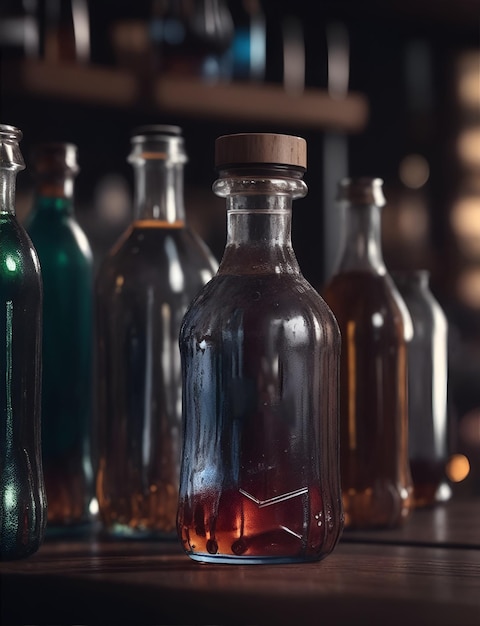 Bottles with alcoholic and nonalcoholic drinks in a cafe or restaurant Generative AI