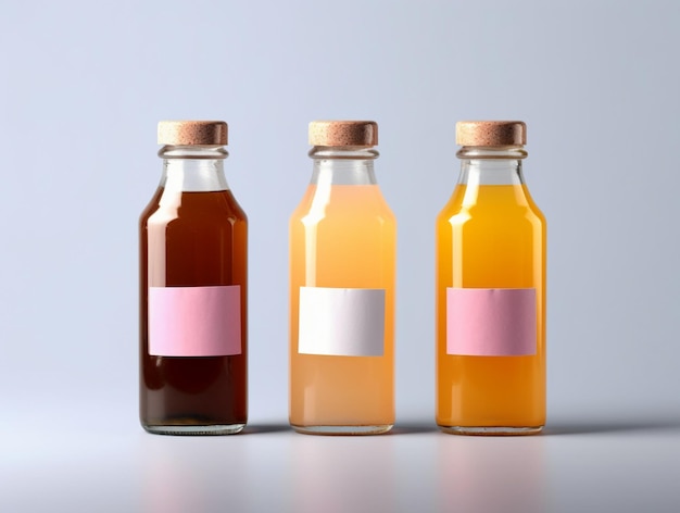 Bottles with colorful drinks and blank labels mockup