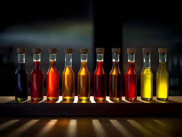 Bottles with different souces standing in a row High quality