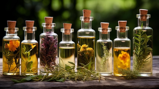 bottles with different types of fresh herbs and oils