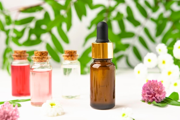 Bottles with flower extracts on a white table with flowers and leaves of the plant