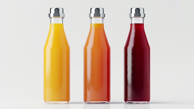Фото Бутылки с металлическими крышками, наполненные различными соками