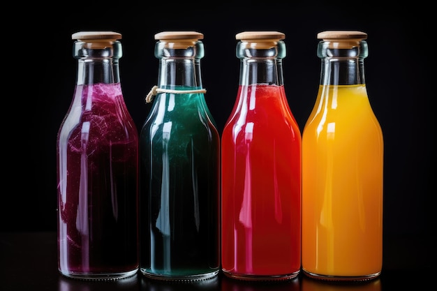 Bottles with multicolored liquid or multifruit juice on a black background