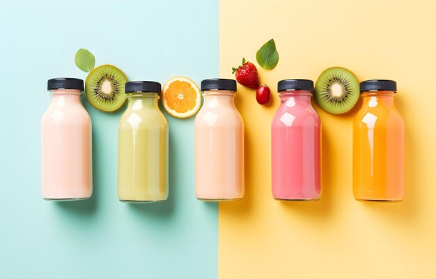 bottles with smoothie and slices of fruit lie chaotically on color pastel background space for