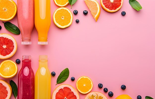 bottles with smoothie and slices of fruit lie chaotically on color pastel background space for