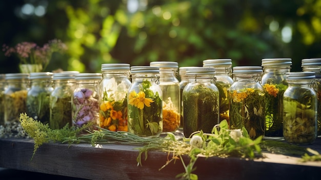 bottles with tinctures of wild medicinal flowers and herbsAI Generative AI