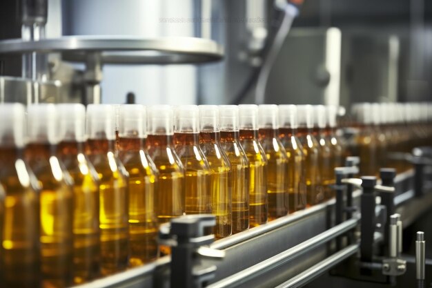 Bottling Factory Conveyor Line Filled with Extract Bottles