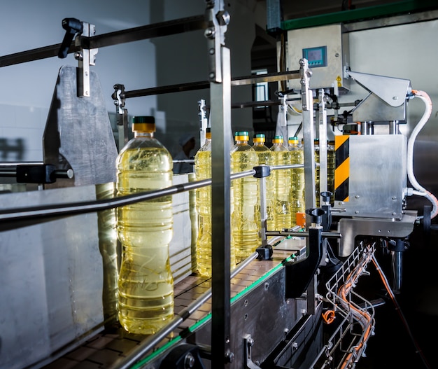 Bottling line of sunflower oil in bottles. Vegetable oil production plant. High technology.