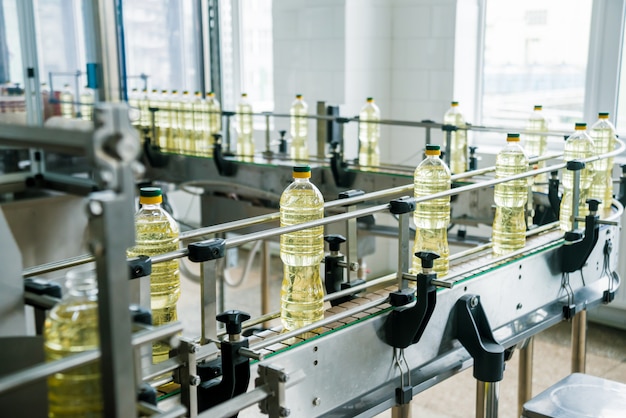 Bottling line of sunflower oil in bottles. Vegetable oil production plant. High technology.