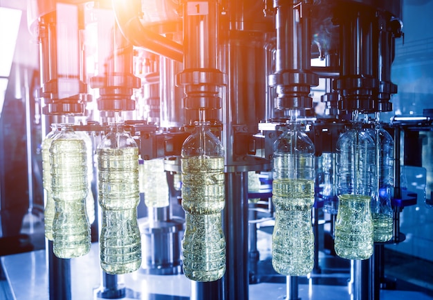 Bottling line of sunflower oil in bottles.