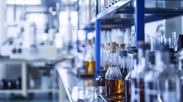 Photo bottling plant filled with liquid bottles