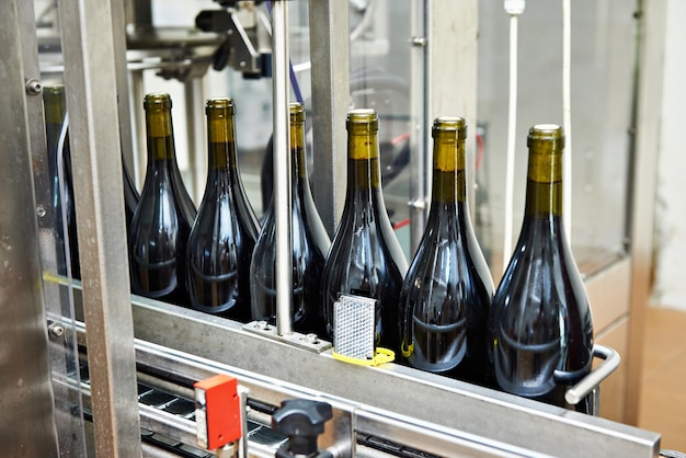 Bottling and sealing conveyor line at wine factory