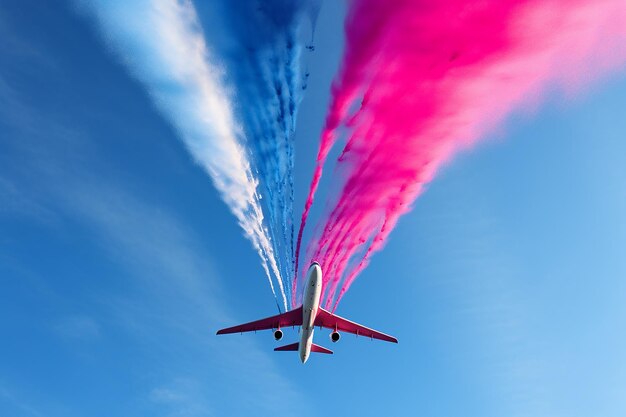 Photo bottom view of an airplane flying with colored smoke blue and pink holiday