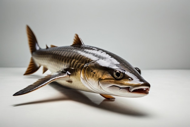 Photo bottom view of fresh sturgeon fish isolated on white background