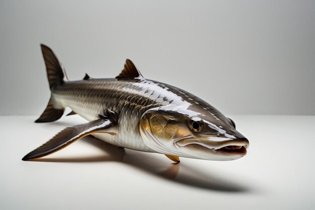 Photo bottom view of fresh sturgeon fish isolated on white background