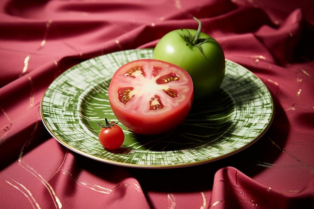 Bottom view green tomato salad on oval plate on pink napkin on dark background