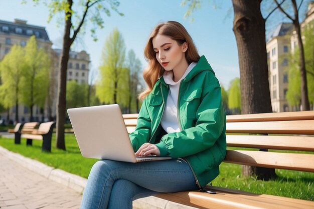 Bottom view jonge student freelancer vrouw in groene jas jeans zitten op een bankje in het voorjaarspark buiten rusten gebruik laptop pc computer praten via mobiele mobiele telefoon kijken opzij mensen stedelijke levensstijl concept