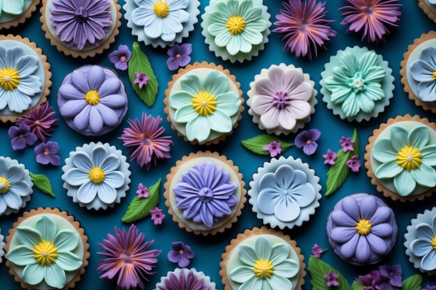 Bottom view kleine taartjes met roze en groene gebakjes met room paarse bloemen op blauwe tafel