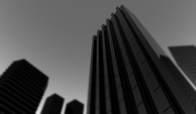 Bottom view of modern skyscraper building monochrome black and white design on blurred background Architectural black design of the facade of a highrise building blur 3D rendering