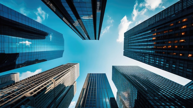 Bottom view of modern skyscrapers in business district against blue sky