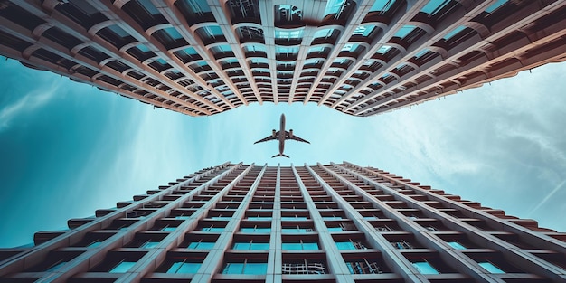 Foto vista inferiore edificio di parcheggio a più piani con aereo che vola sopra l'edificio