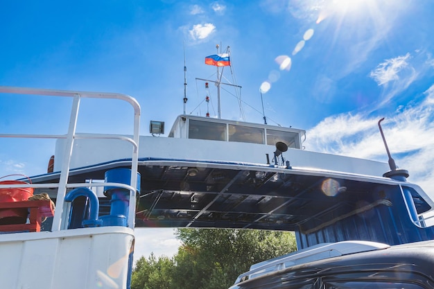 Bottom view of the roro type of ferry that operates on a river for cars transportation to another bank