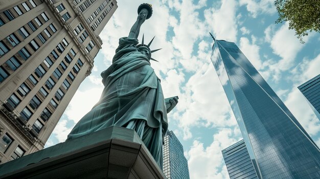 Foto vista dal basso della statua della libertà nel centro di manhattan