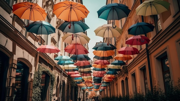 Bottom view of umbrellas on the street