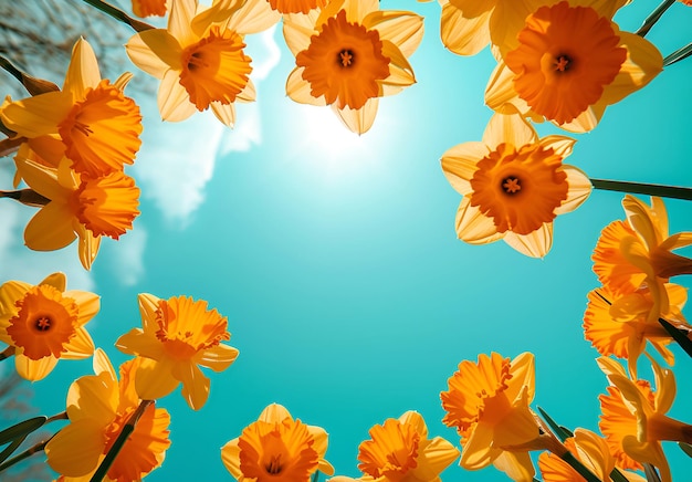 Bottom view of Yellow orange daffodil flower heads against sunny blue sky with space for text