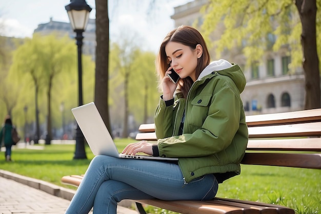 Bottom view young student freelancer woman in green jacket jeans sit on bench in spring park outdoors rest use laptop pc computer talk by mobile cell phone look aside People urban lifestyle concept