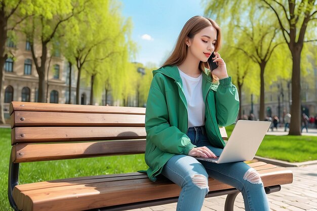 Photo bottom view young student freelancer woman in green jacket jeans sit on bench in spring park outdoors rest use laptop pc computer talk by mobile cell phone look aside people urban lifestyle concept