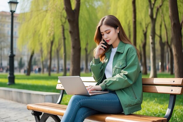 Photo bottom view young student freelancer woman in green jacket jeans sit on bench in spring park outdoors rest use laptop pc computer talk by mobile cell phone look aside people urban lifestyle concept