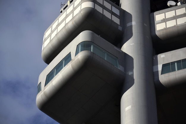 Bottom view of the Zizkov television tower transmitter Prague Czech Republic sunny day