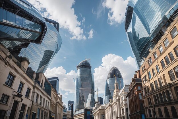 Bottomup uitzicht op het financiële district van Londen met wolkenkrabbers en oude gebouwen verenigd koninkrijk