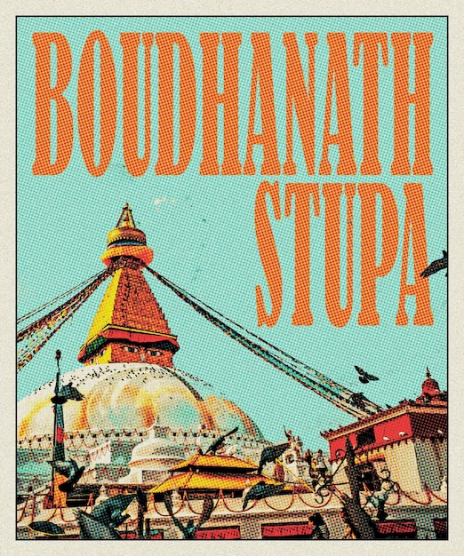 Foto stupa di boudhanath poster di viaggio retro