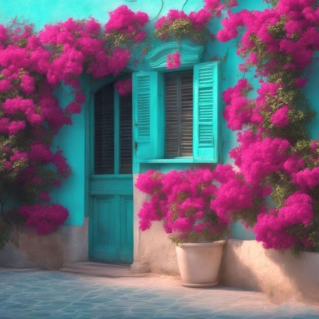 bougainvillea and turquoise door