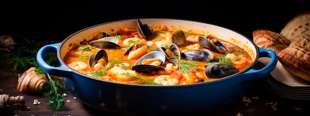 Foto bouillabaisse con cozze in piatto focus selettivo