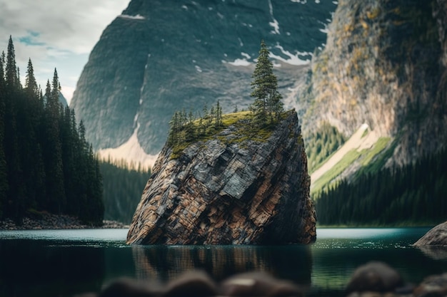 A boulder in an avalanche lake may be seen vertically against a backdrop of trees