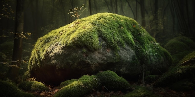 a boulder that is covered with moss and is located in the midst of a forest